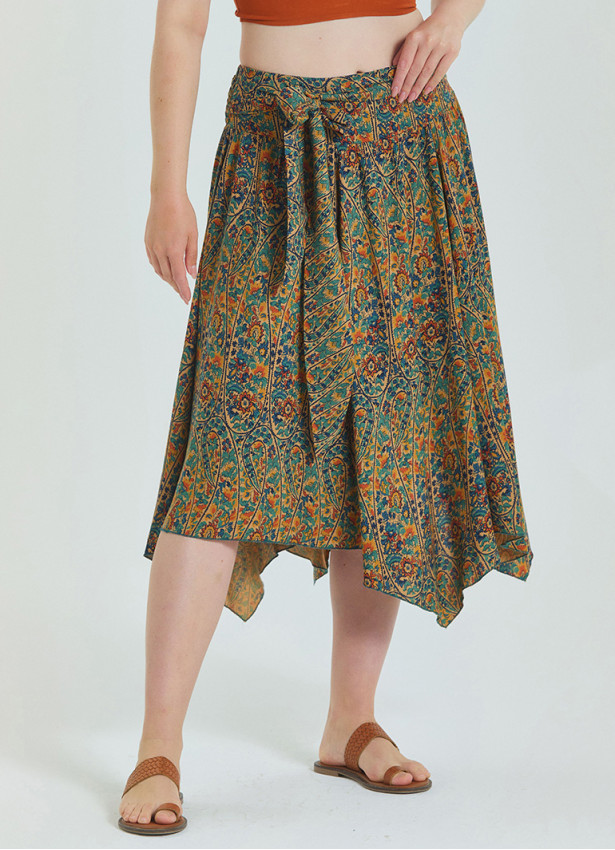 Gipe Detailed Waist Tied Petrol Plus Size Skirt 4589